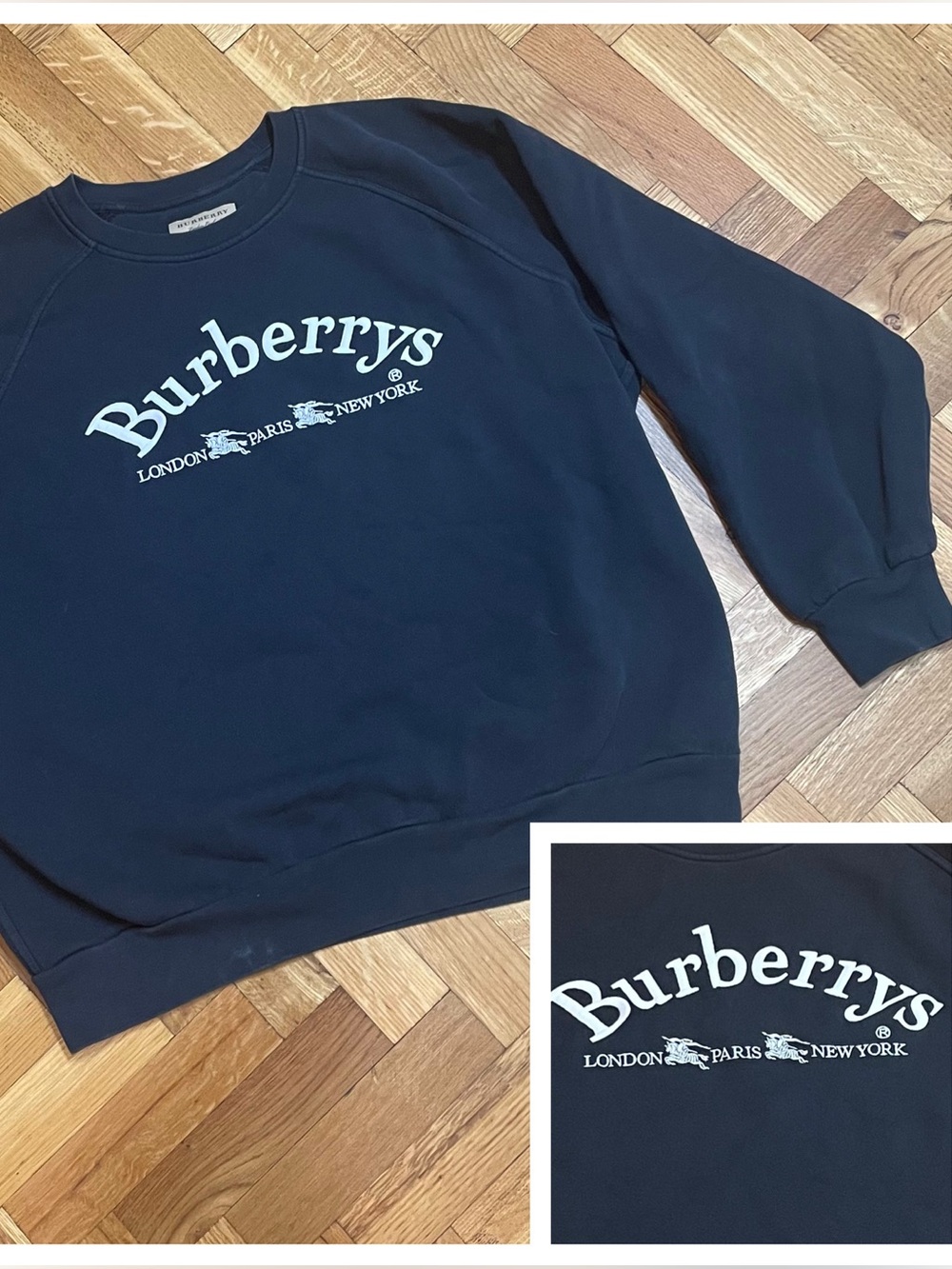BURBERRY~Vintage Navy Crewneck Sweatshirt with White Logo